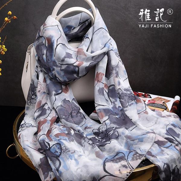 

scarves 100% real silk scarf women natural satin foulard femme 2021 hangzhou shawls wraps for ladies floral printed, Blue;gray