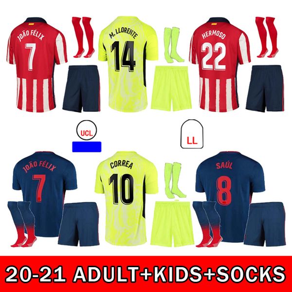 

20 21 joão félix morata saúl felipe h.herrera koke martinez fans version home away short sleeve suit soccer jersey man + kids football shirt, Black;yellow