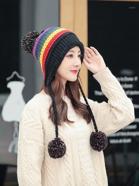 

little hat winter new style plush color line stripe three wool ball knitted hat for women korean version1, Blue;gray