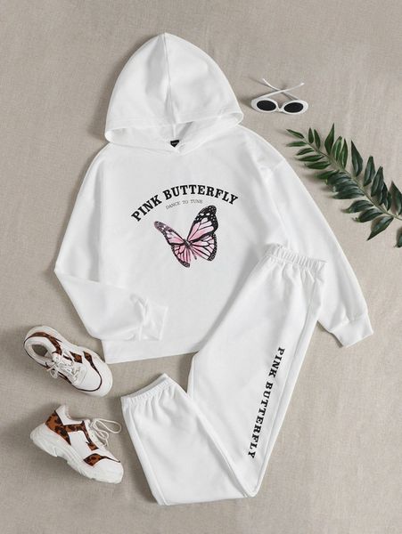 

butterfly and letter graphic hoodie and joggers set z1ic#, White