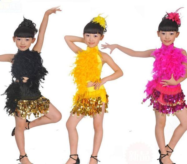 

new blue red kids baby child girls sequin feather latin dance dress set for girl dancing stage clothes dance wear1, Black;red