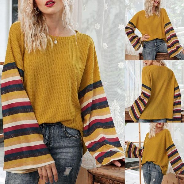 

women flare long sleeve waffle knit sweater o-neck striped patchwork loose 1, White;black