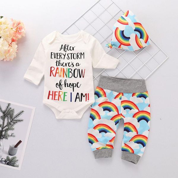 

newborn infant baby clothing set 0-24m long-sleeved color alphabet bodysuit+rainbow pants+hat baby boy girl clothes outfits 3pcs, White