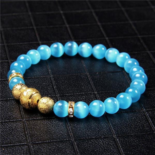 

natural stone beads bracelet men 8mm shiny blue cat eye stone beads bracelet round golden ball charm yoga for women men, Black