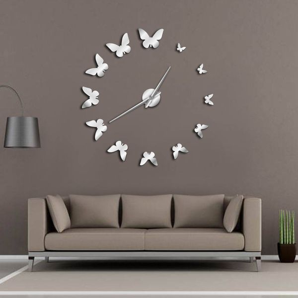 Декоративные Зеркальные Настенные Часы Природа Летающие Бабочки Современный Дизайн Роскошный DIY Большие Настенные Часы Безрамные Настенные Часы Часы LJ201204
