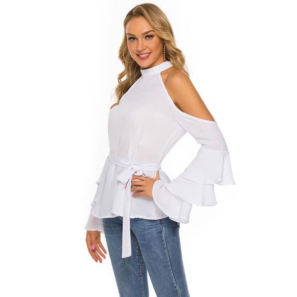 

women's blouses & shirts summer women blouse shirt 2021 off shoulder ladies halter female bell sleeve plus size womens and 2xl, White