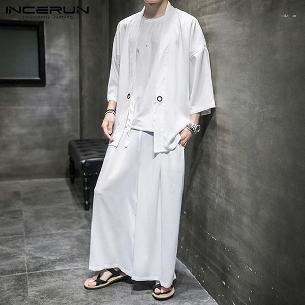 

incerun chinese style men sets 2020 solid 3/4 sleeve open stitch shirt wide leg pants 2 pieces streetwear vintage men suits1, Gray