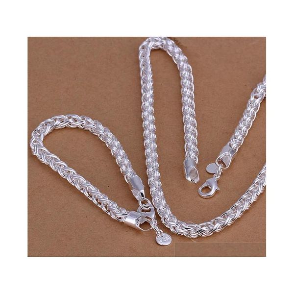 

s059 925 sterling silver necklace twisted ring (20inches) & bracelets (8inches) fashion jewelry set for men shipping gzjli