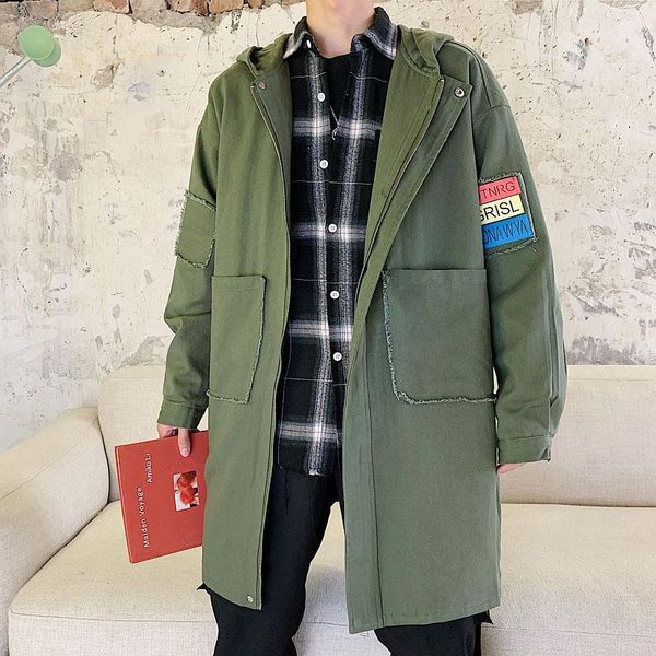 

men's trench coats long coat jacket men cotton autumn spring black hip hop streetwear men's hooded army green casual jackets 5xl1, Tan;black