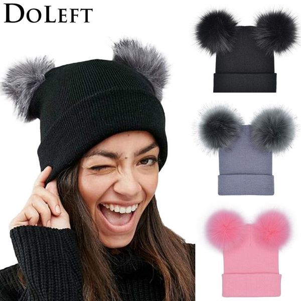 

beanie/skull caps 2021 year double faux fur pom winter hats for women solid knitted beanie girls warm skullies bonnet, Blue;gray