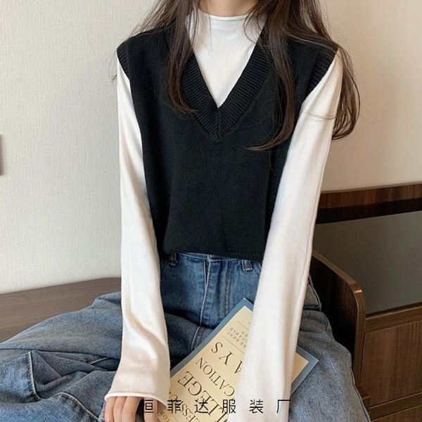 

sweater vest women knitted vest 2021 spring autumn wear waistcoat all-match loose fashion coat tank women, Black;white