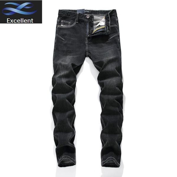 

slim solid stretch fit pants men casual biker denim jeans male street hip hop vintage trouser skinny pant, Blue