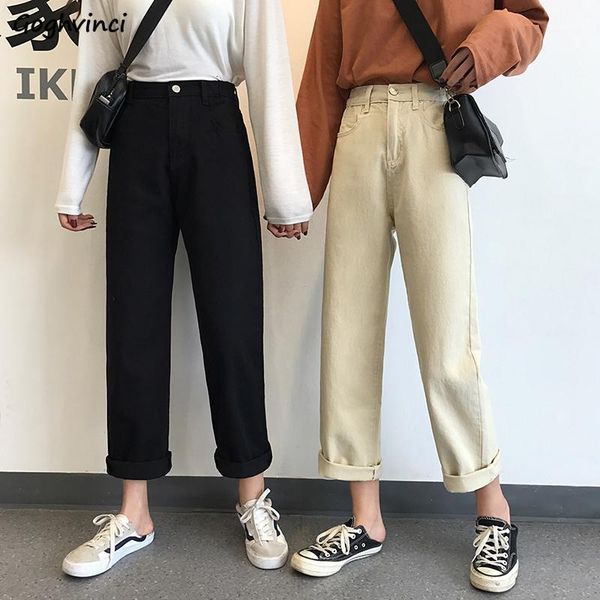 

high waist jeans women solid simple all match womens korean fashion zipper loose females harajuku full length trousers1, Blue