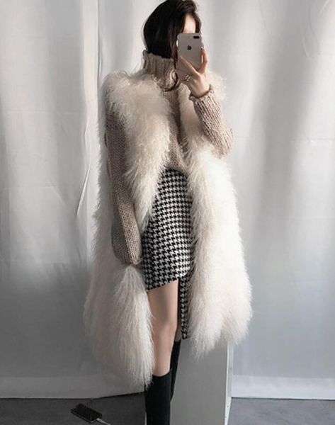

2020 new european and american style sheep beach hair long vest fur vest wool coat warm women's clothing, Black;white