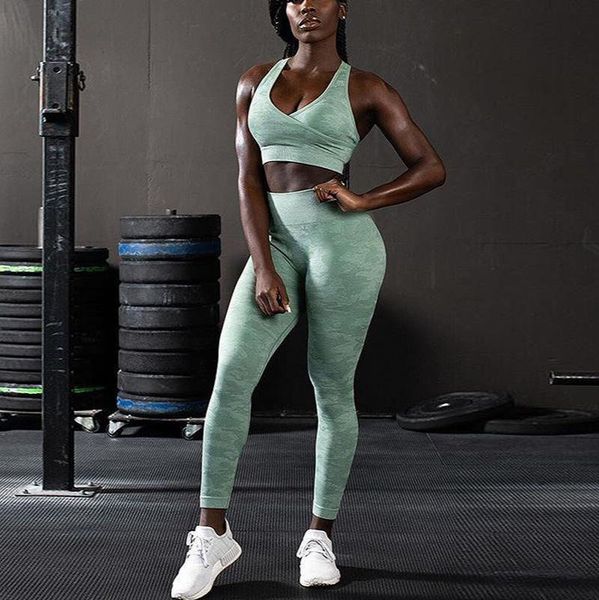 

yoga outfits camo set women seamless fitness bra sport camouflage high waist gym leggings pants suit workout leggins, White;red