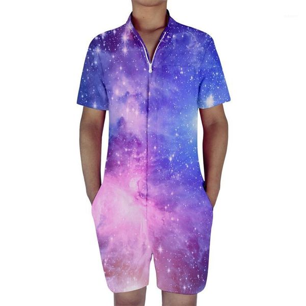 

2018 hign quality 3d print mens romper galaxy space male single breasted jumpsuit cargo short pants trousers overalls dropship1, Gray