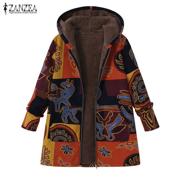 

2020 winter hooded printed thin coats zanzea vintage ethnic faux lining outerwear women zipper jackets female overcoats 5xl7, Black