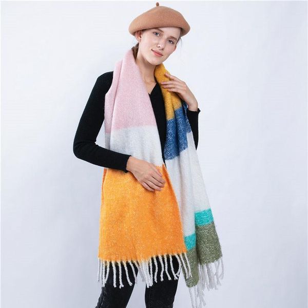 

scarves color stripe seahorse wool warm scarf. women's cross contrast tassel shawl. scarf in autumn and winter, Blue;gray