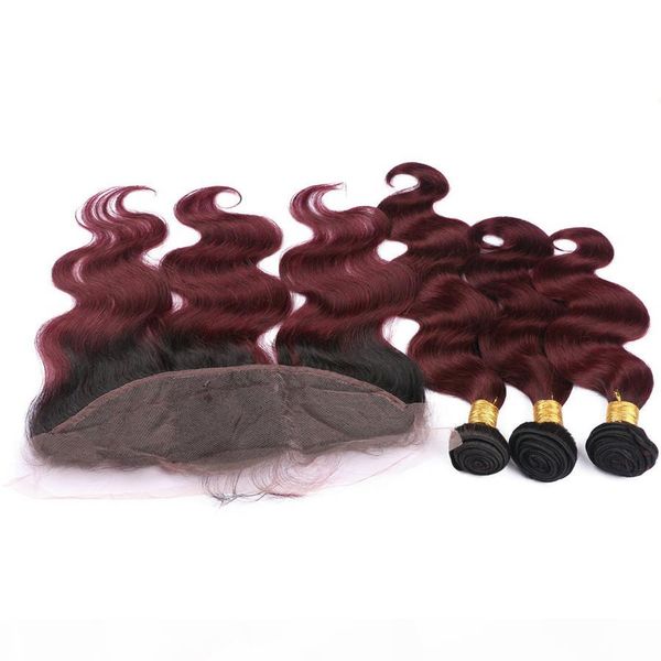 

1b 99j hair bundles with lace frontal closure 2 tone black to burgundy body wave lace frontal with bundles ombre body wave bundles