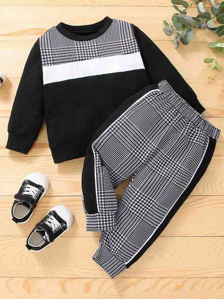 

baby houndstooth colorblock pullover & sweatpants she, White