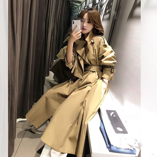 

2020 autumn women's mid-length khaki windbreaker temperament british style strap waist casual overknee coat, Tan;black
