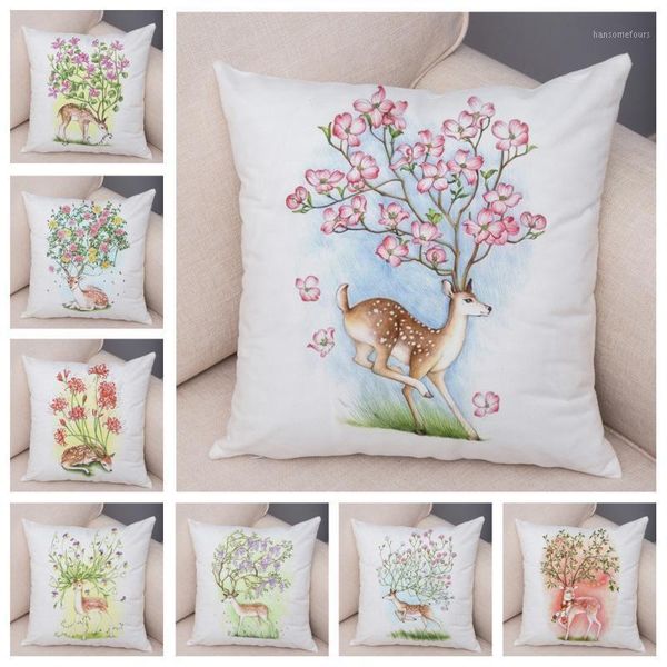 

nordic style cartoon floral deer cushion cover decor flower animal pillow case for sofa home children room soft plush pillowcase1