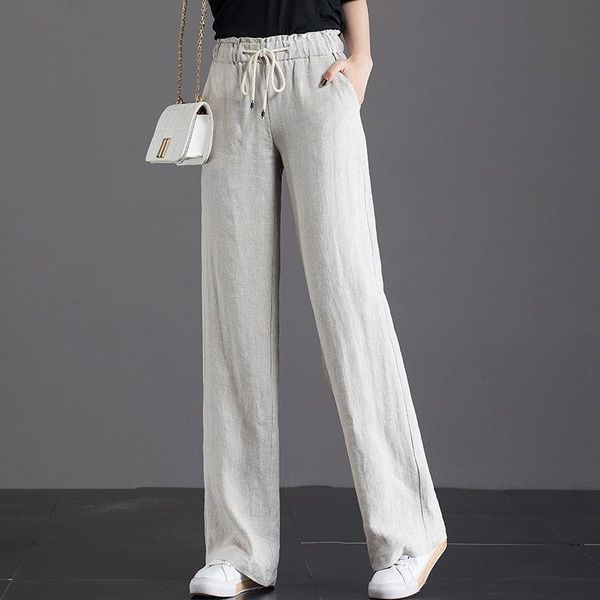 

spring new fashion women wide leg pants plus size casual trousers drawstring high waist cotton linen loose long pants d156, Black;white