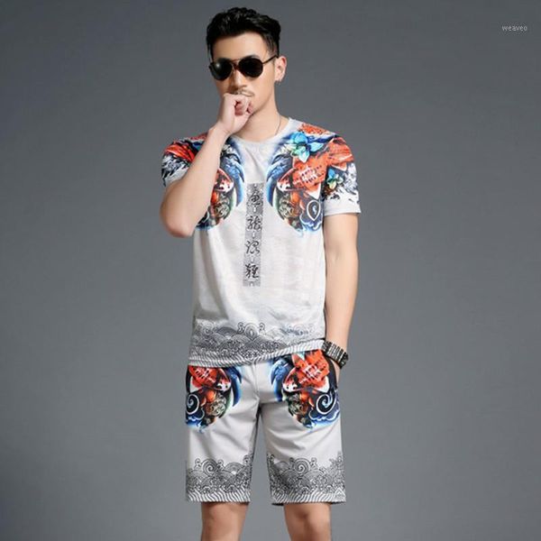 

summer casual men set slim fish pattern mens tracksuit set short sleeve t shirt shorts track suit plus size male sweat suit1, Gray