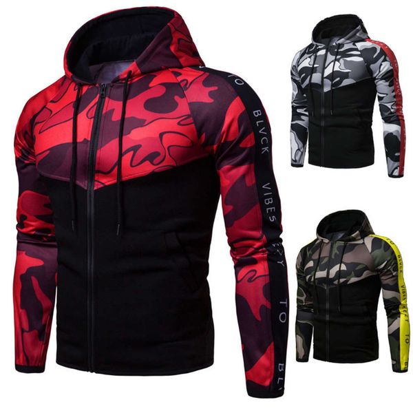 

fitness fashion wear camouflage european sports hooded color matching sweater men's cardigan, Gray