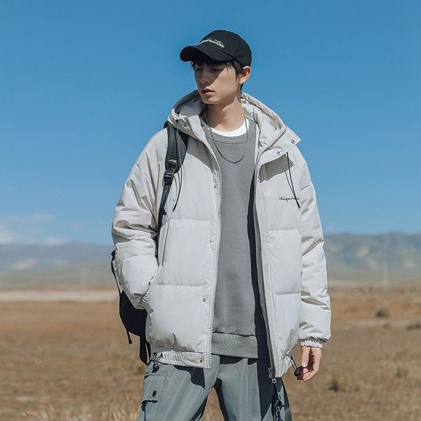 

embroidered letters cotton jacket men's warm hooded down cotton jacket simple casual loose windproof zipper bread coat 2020, Black