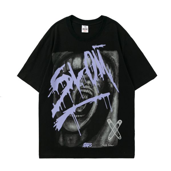 

new high street brand dark black loose print trend rap hip hop 2021 spring summer tshirt short sleeve tees cotton 96ww, White;black