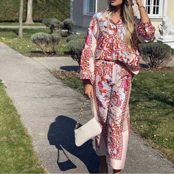 

2 pieces sets women vintage totem floral print casual loose shirts female long sleeve kimono blouse roupas chic, White