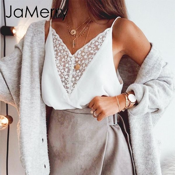 

jamerry chiffon lace embroidery women cami spaghetti strap v-neck female tank solid white summer ladies 2019 y200701