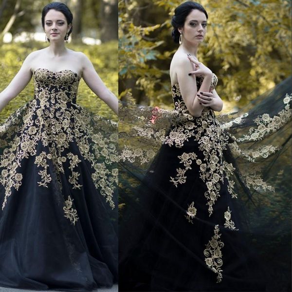 

gothic black wedding dresses a line sweetheart gold champagne lace appliques beads floor length tulle formal plus size bridal gowns, White