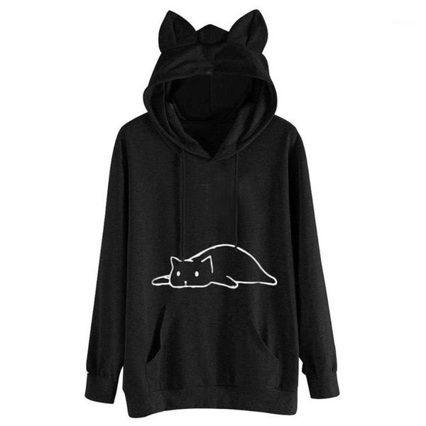 

cat ear hoodies spring autumn sweatshirts for women girls long sleeve sweatshirt loose hoody pullovers cat printed blouse d#1, Black