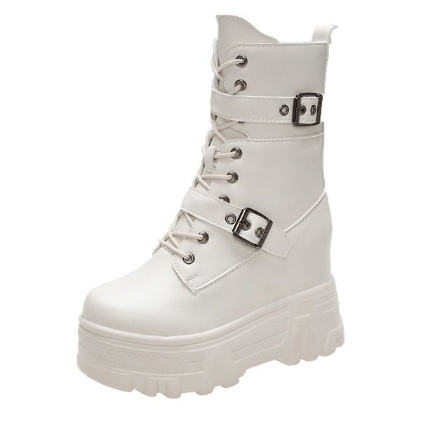 

2021 the new punk buckle metal high-heeled motorcycle chunky women hidden ankle platform heels female leather boots fv37, Black