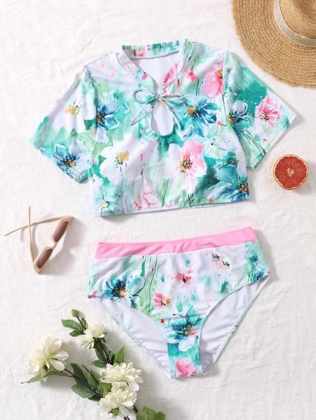 

plus floral print high waisted bikini swimsuit 24xw#, Black