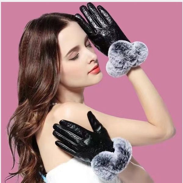 

women man winter fur leather softs rabbit warm sheepskin drive ladies winter plush biker motorcycle windproof touch screen gloves, Blue;gray