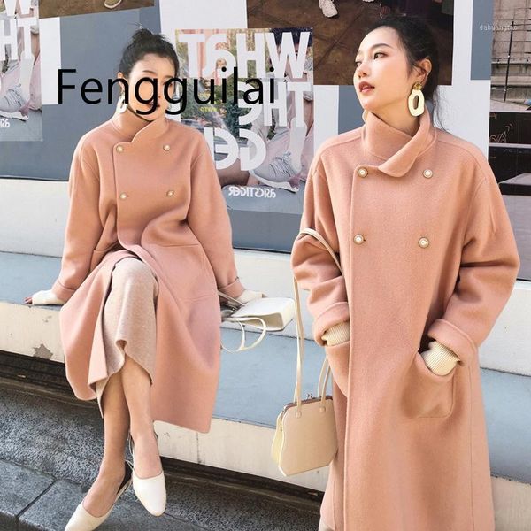 

2020 autumn winter korean version of the new pearl buckle double-sided coat loose long section loose woolen coat women black1, Black