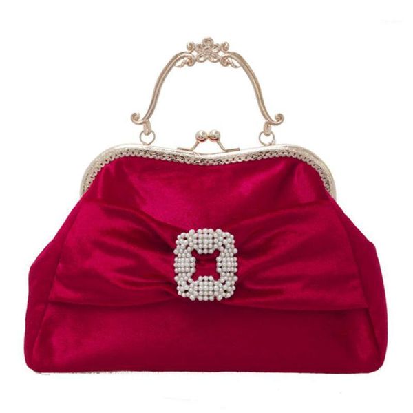 Bolsas noturnas 2021 Mulheres Bolsa de casamento noiva Bolsa de dama de honra Red Velvet Saco de jantar portátil Pérola Dia da embreagem