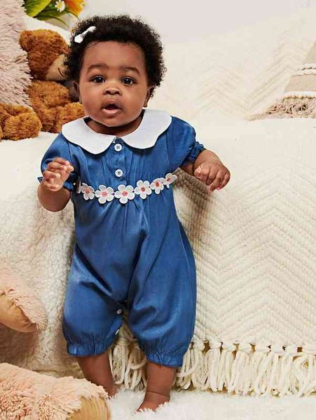 

baby contrast collar puff sleeve appliques romper she, Blue