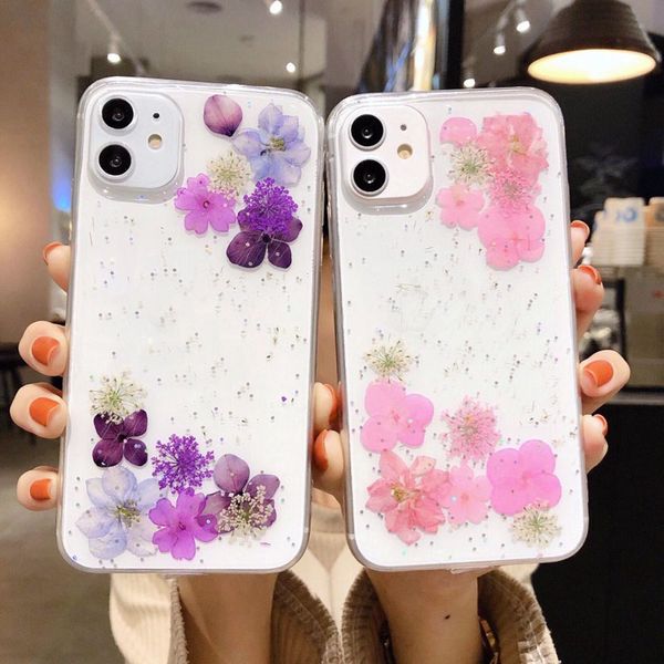 El yapımı gerçek kurutulmuş çiçek preslenmiş folyo yumuşak TPU kılıfları iPhone 15 14 13 12 Pro Max 11 xr xs x 8 7 6 Artı Moda Şiny Sequin Clear Clear Cep telefonu cep telefonu sırt cilt