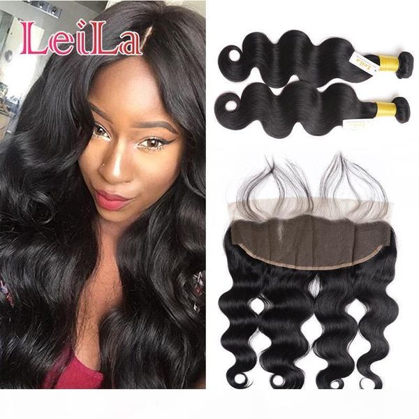 

indian virgin hair 2 bundles with 13 x 4 lace frontal 3pcs set body wave human hair wefts with closure from leila, Black;brown