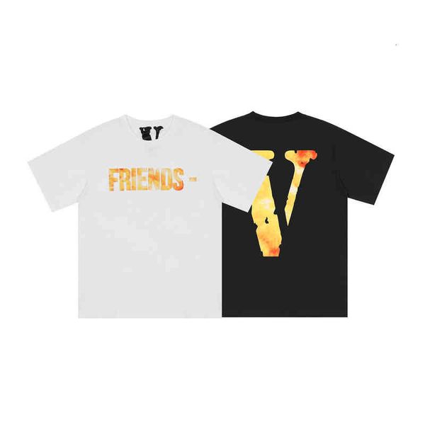 

brand fashion yellow flame limited summer hip hop loose back v series short sleeve t-shirt batch, White;black