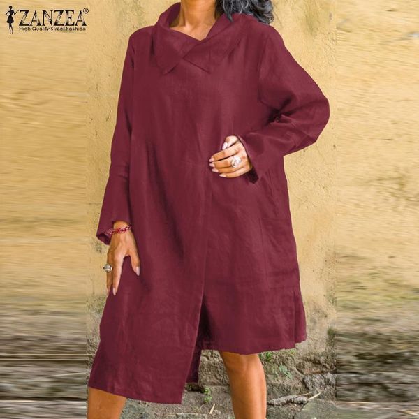 

womens stylish autumn dress streetwear ropa de mujer party holiday solid cotton femme zanzea irregular knee legth dresses s-5xl1, Black;gray