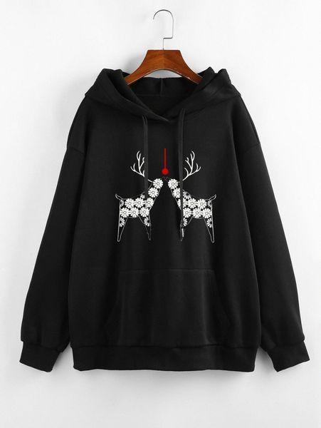 

plus christmas elk & floral print kangaroo pocket drawstring hoodie l68j#, Black