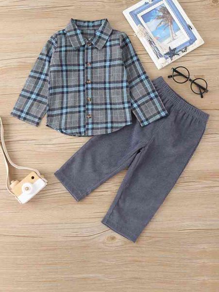 

baby tartan shirt & elastic waist pants she, White