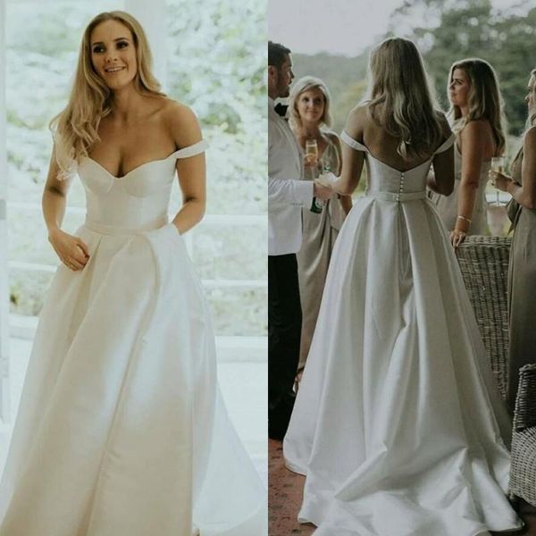 

2021 simple satin wedding dresses off the shoulder spaghetti straps covered buttons back sweep train country garden wedding gown vestidos, White