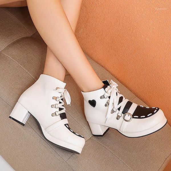 

women's fashion thick square heel lace up ankle boots cute heart leather buckle round toe party cosplay student shoes booties#g41, Black