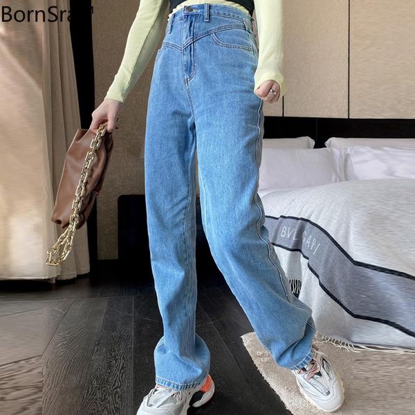 

bornsra high waist jeans for woman 2020 denim ladies full length streetwear flare pants blue autumn women clothing